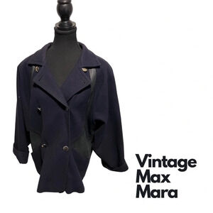 Vintage  | MaxMara | Navy Blue Wool/Leather Coat Made in Italy | Size XL